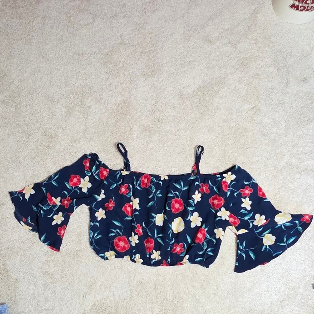 Sequin Hearts Navy Floral Off-Shoulder Blouse